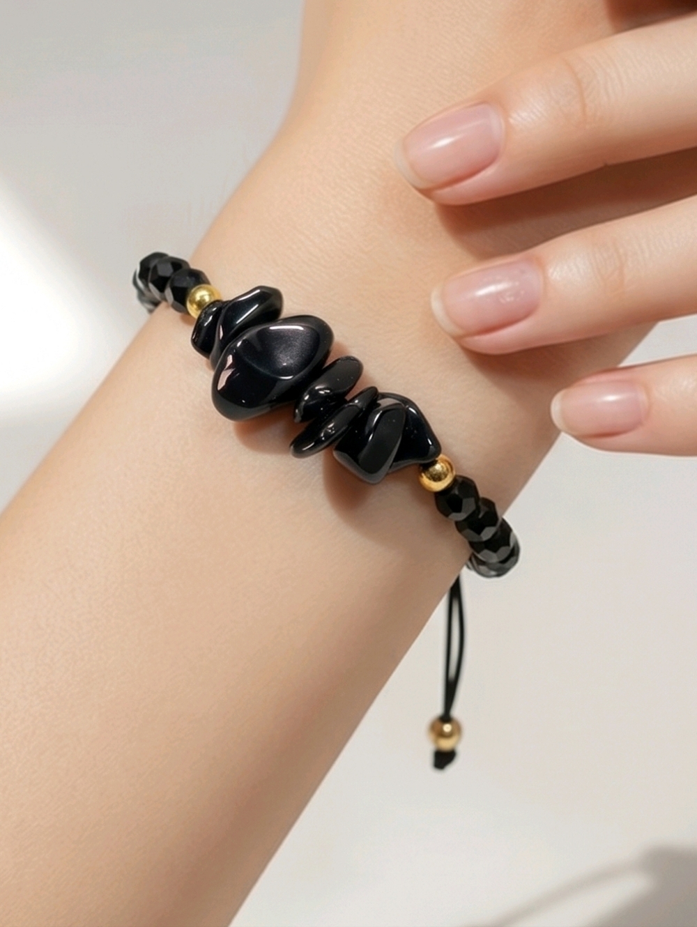 Black Onyx Stone Chip Bracelet Real Natural Stone Adjustable Gold Accent Edgy